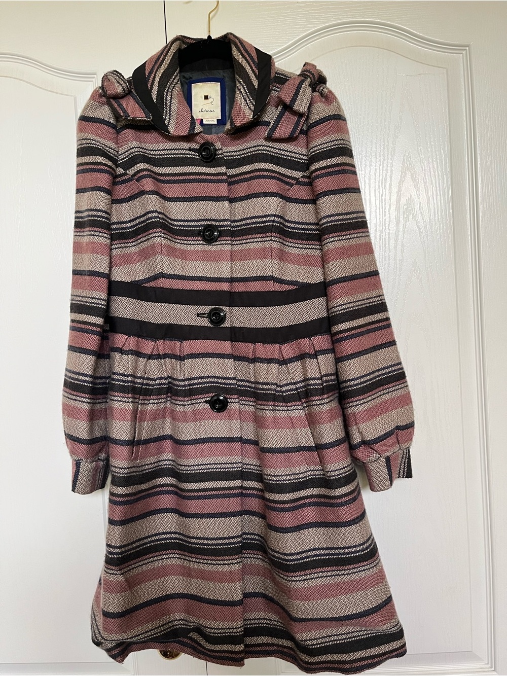 elevenses Pink & Black Striped Wool Pea Coat